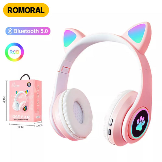 Auriculares inalámbricos con orejas de gato RGB para niños, auriculares con micrófono, cancelación de ruido, música estéreo